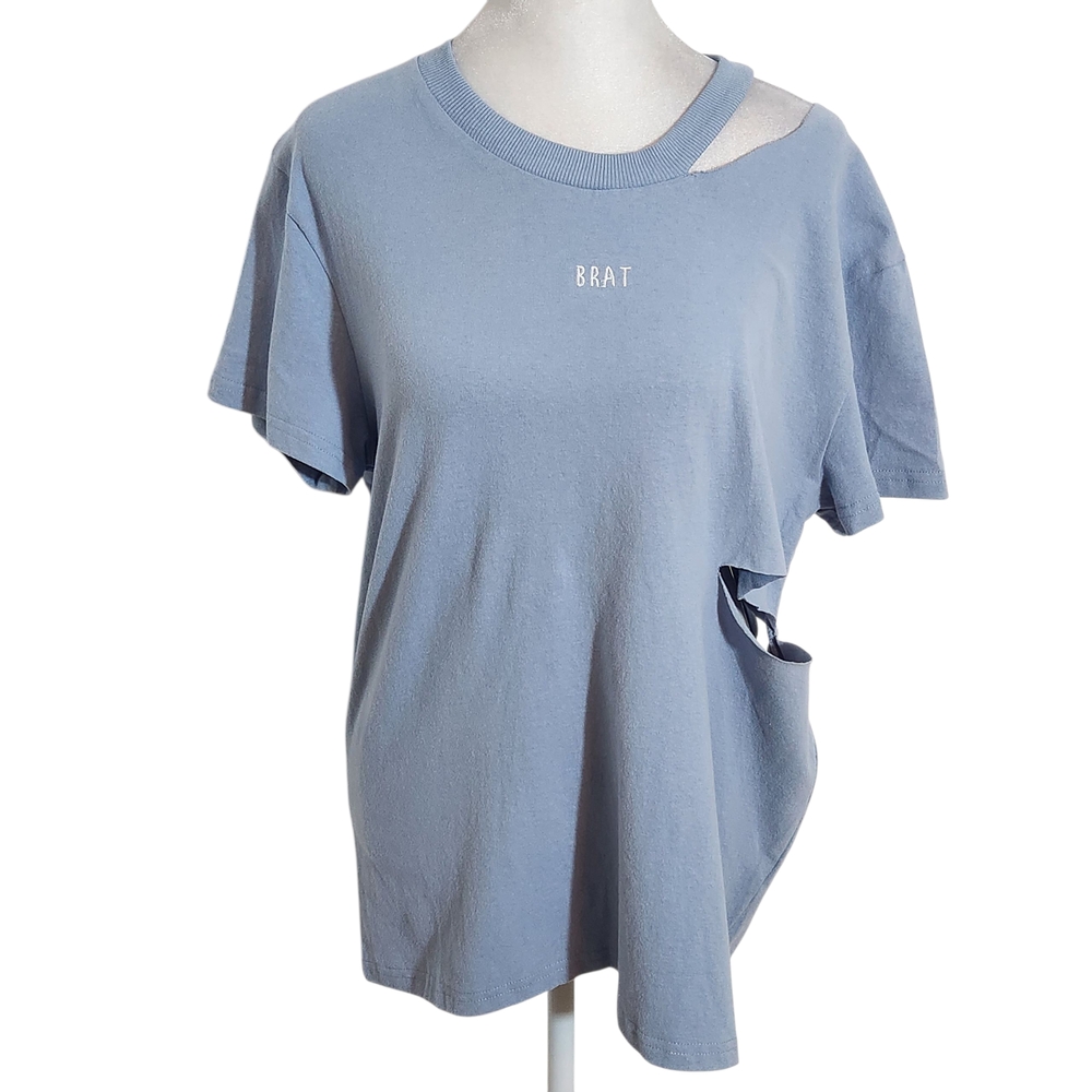 Honey Punch Blue Distressed Top with BRAT Embroidery NWT Size Medium